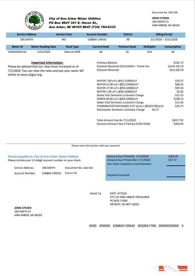 USA Michigan City of Ann Arbor Water Utilities bill template in Word and PDF format